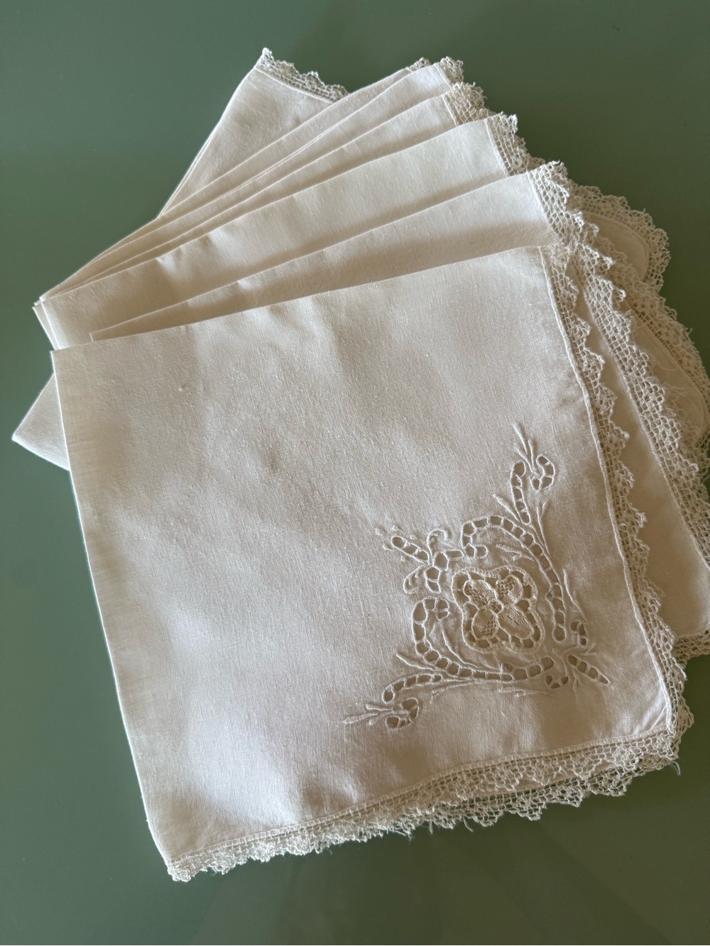 Off-White Linen Lace-Trim Embroidered Linen Napkins - Set of 7